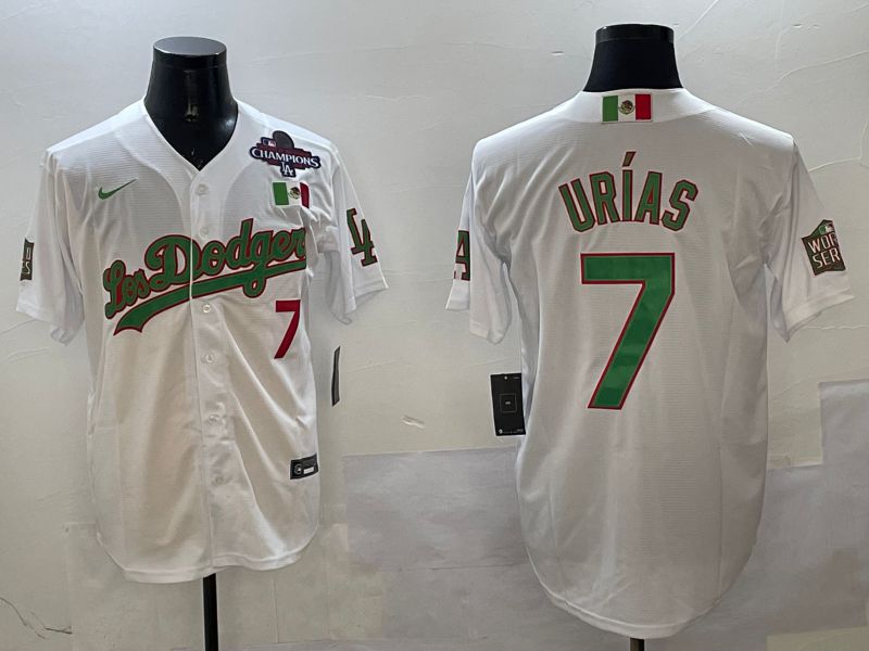 Men Los Angeles Dodgers #7 Urias White Green Game 2025 Nike MLB Jersey style 3202